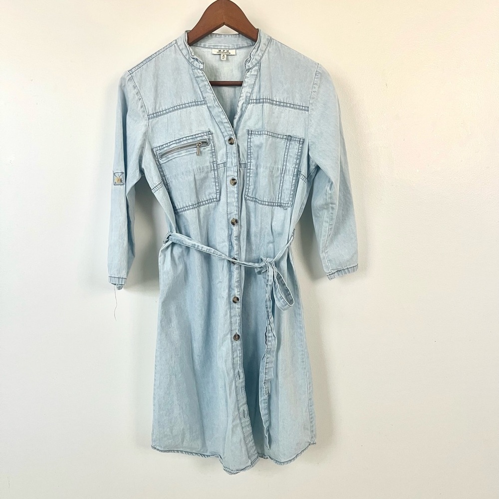 100% Cotton Light Blue Denim Wash Tie Waist Dress